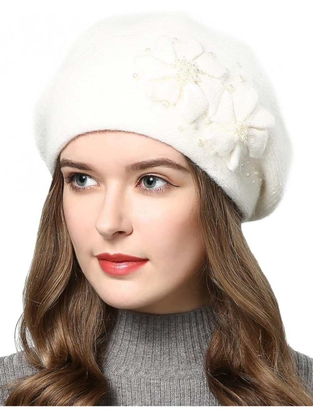 Women's Winter Knit Beret Hat Rabbit Hair French Warm Casual Beanie Hat White